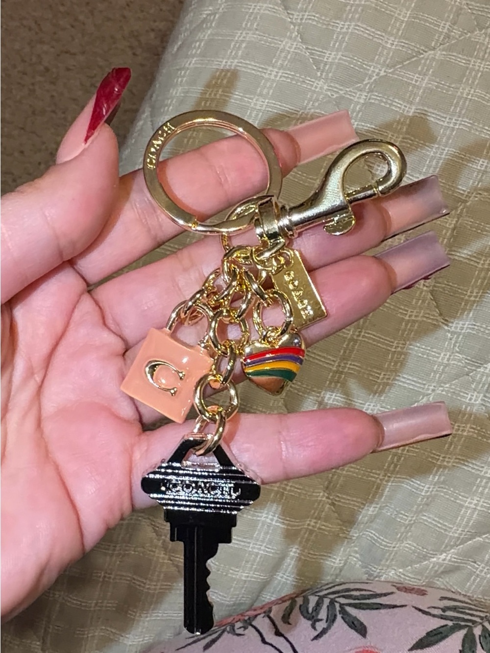 Coach Gold-Tone Key & Charm Holder with Peach and Rainbow Accents